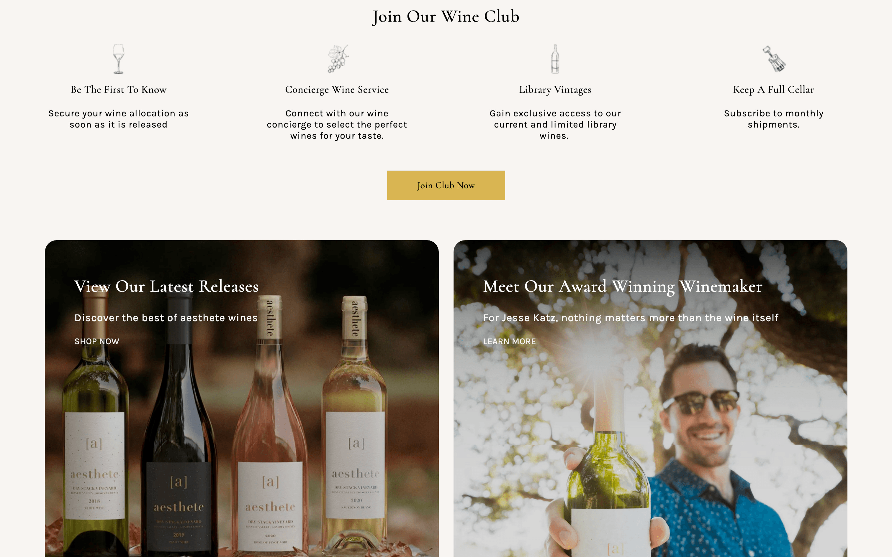 Aesthete Wines storefront — homepage and product pages