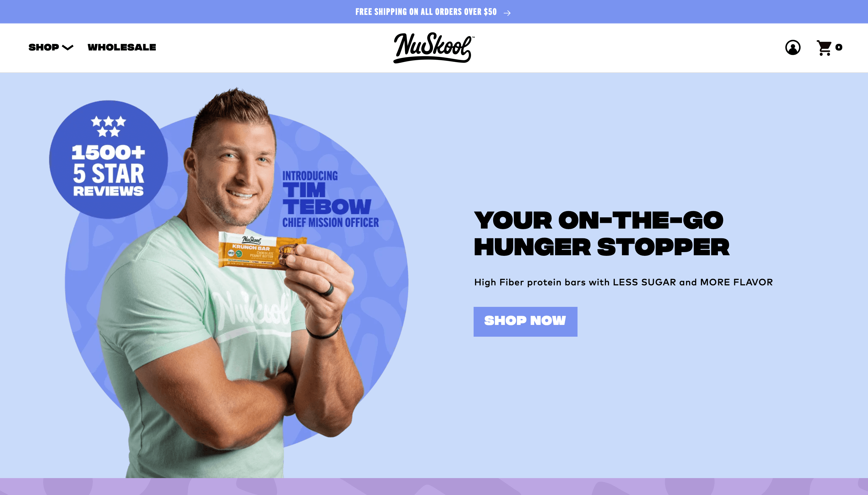 NuSkool Snacks storefront: homepage hero with Tim Tebow holding a Krunch Bar beside the headline